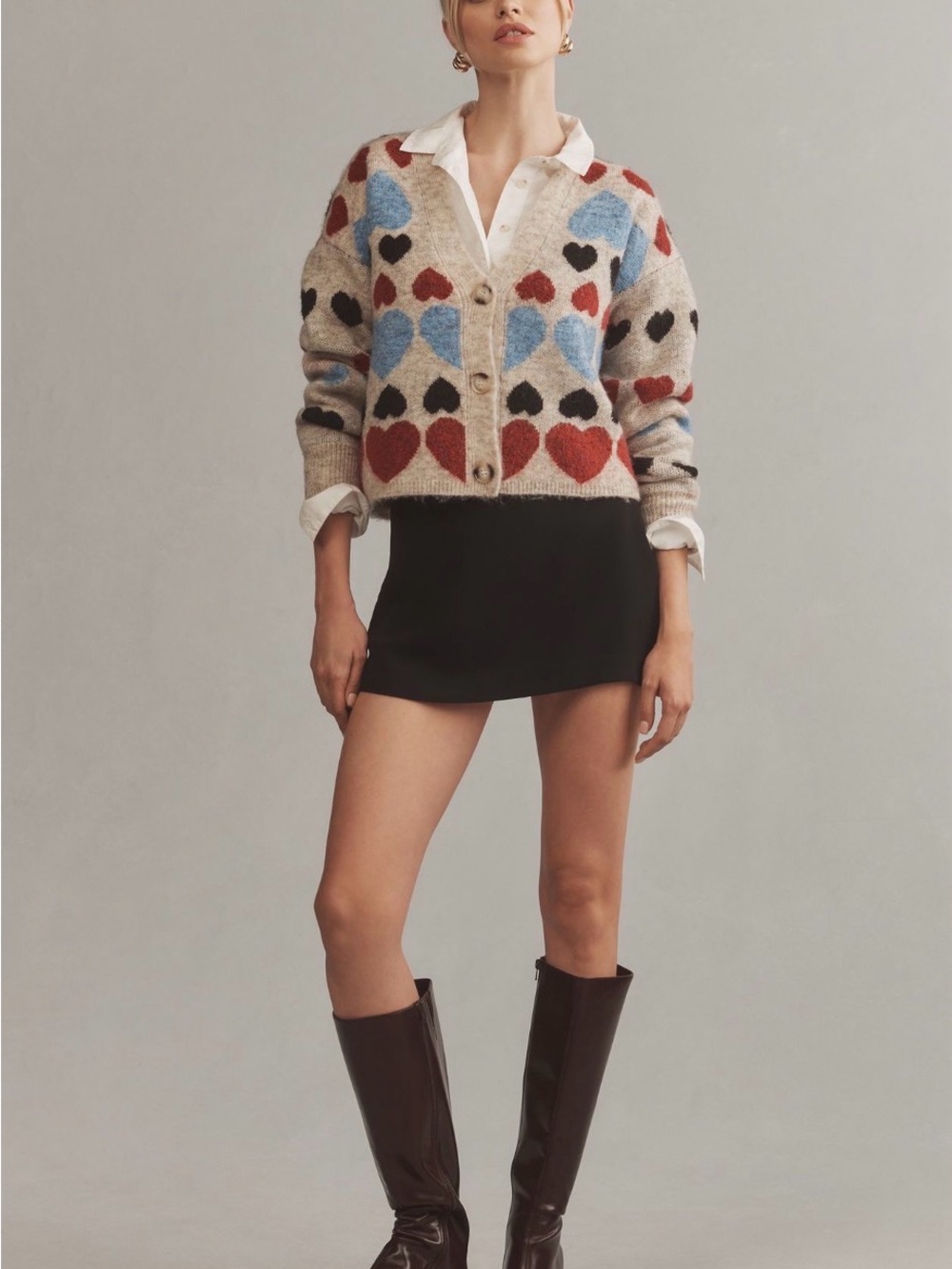 Heart Pattern Button-Front Cardigan Jacket - Beige/Multi